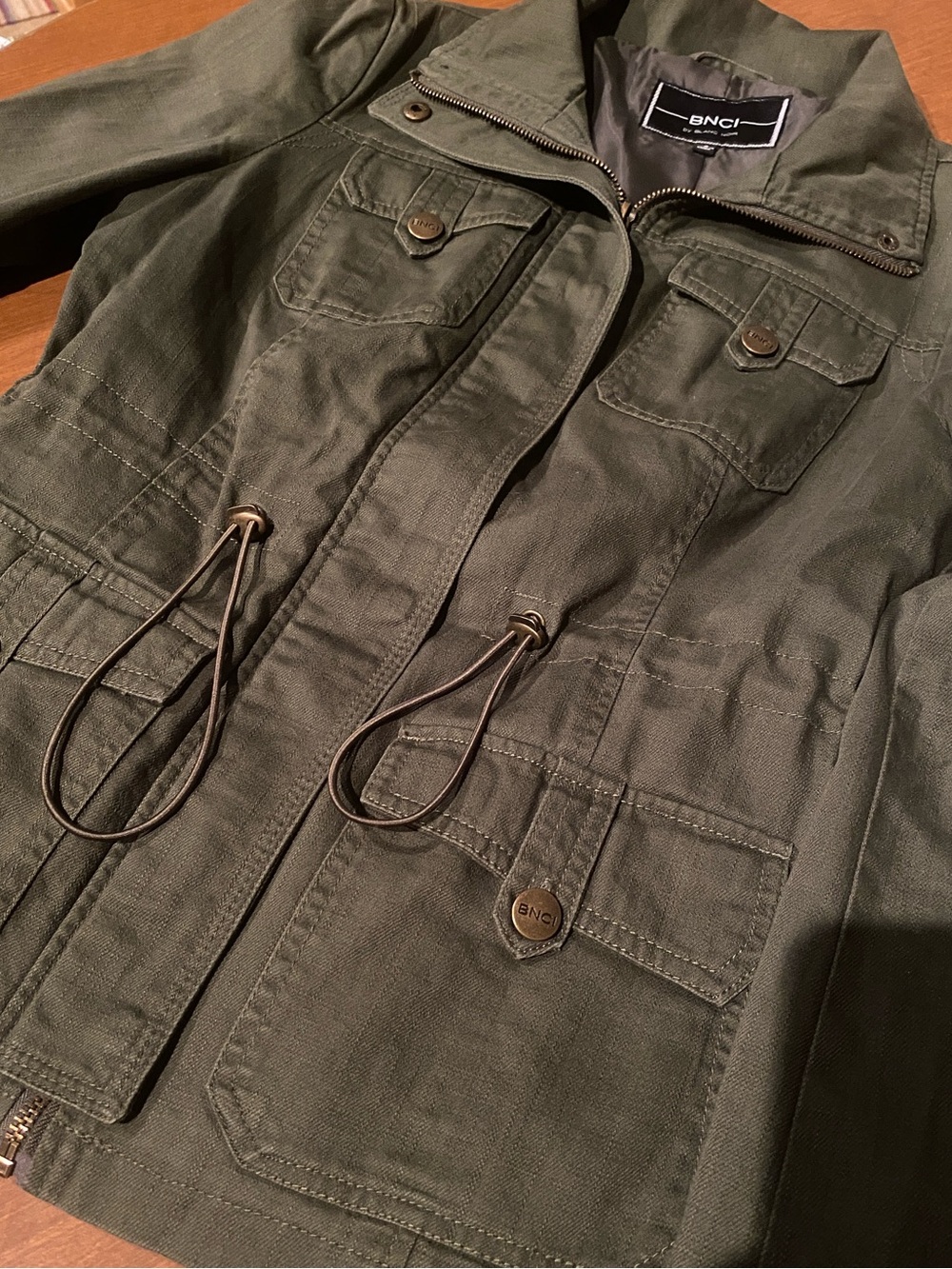 BNCI by Blanc Noir Womens L Juniors Full Zip Up Utility Jacket Olive Green